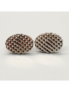 Silver-Tone Oval Striped Cufflinks With Textured Design For Men